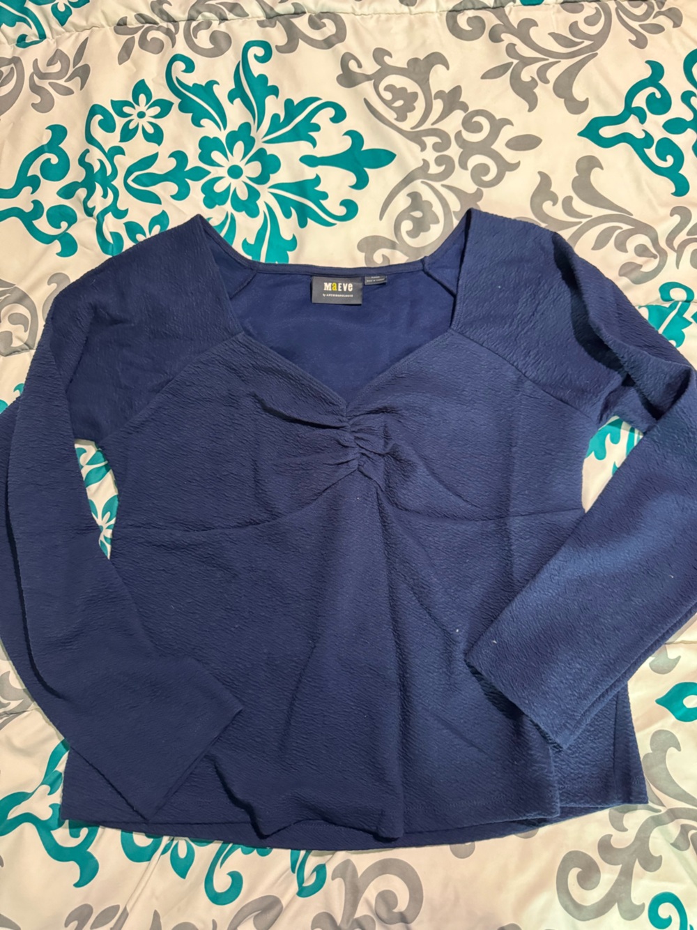 Maeve Navy Long-Sleeve Sweetheart top - Anthropologie XL NWOT